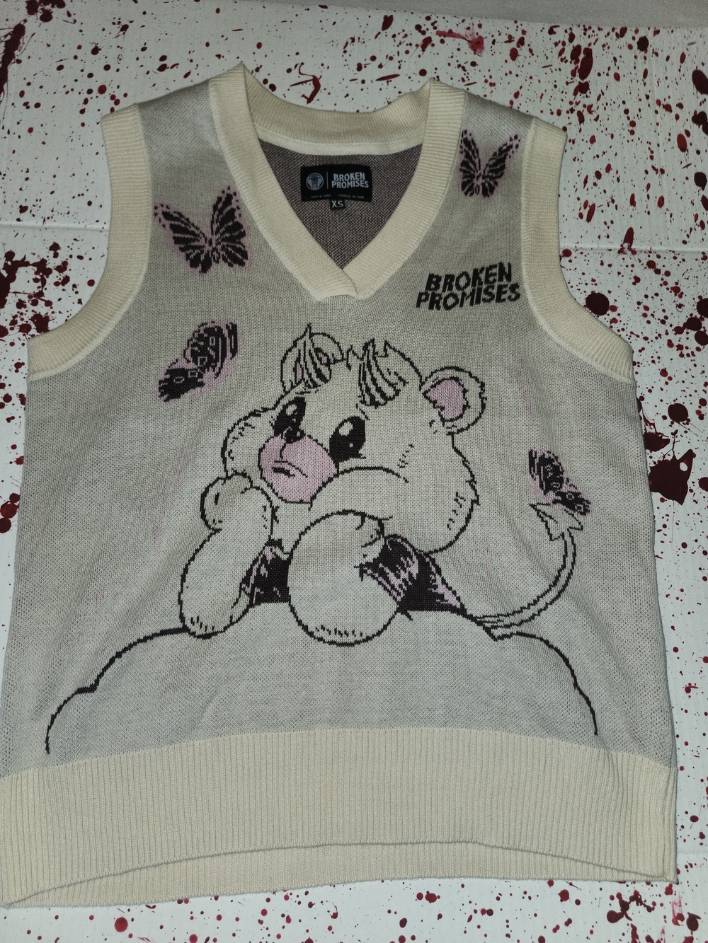 Broken Promises Cream Pink Cartoon V-Neck Sweater Vest